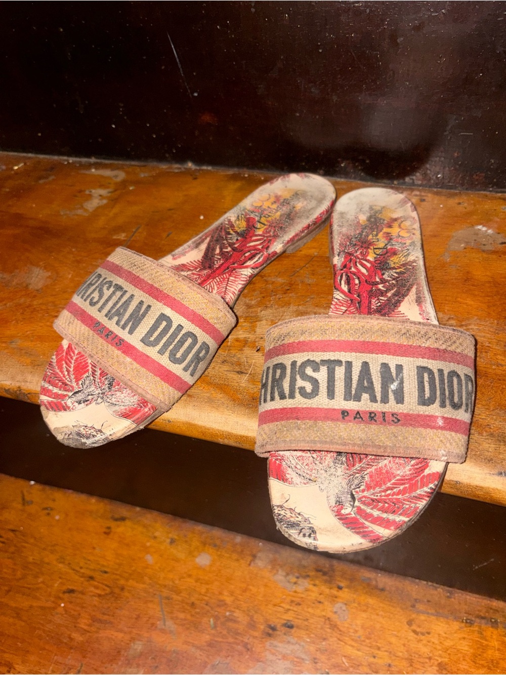 Dior Red and Cream Logo Slide Mules